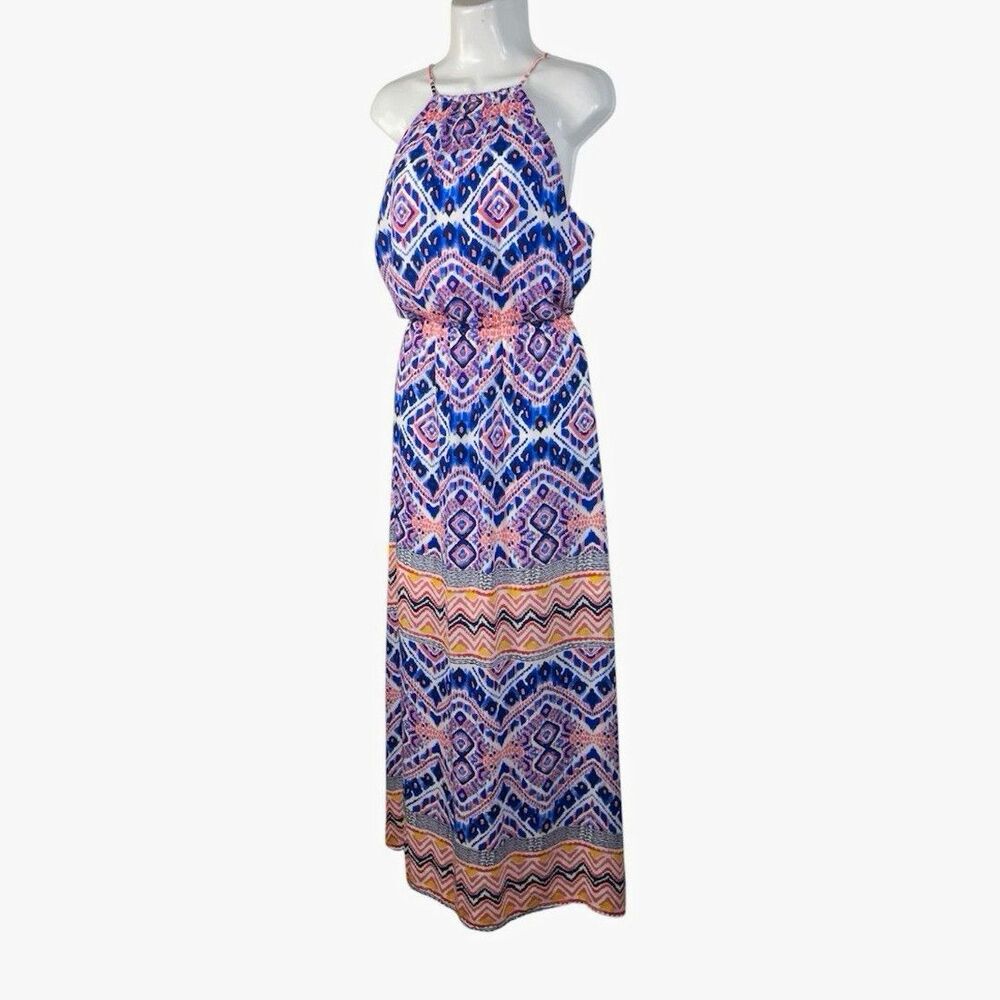 Cremieux Women Maxi Dress Blue Pink White Geometric Halter Sleeveless Sz M Boho
